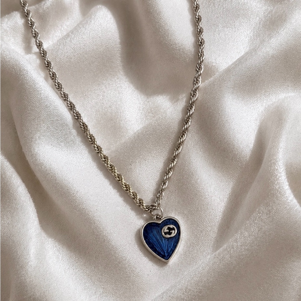 Gucci Blue Opal Heart Pendant Sterling Silver Necklace